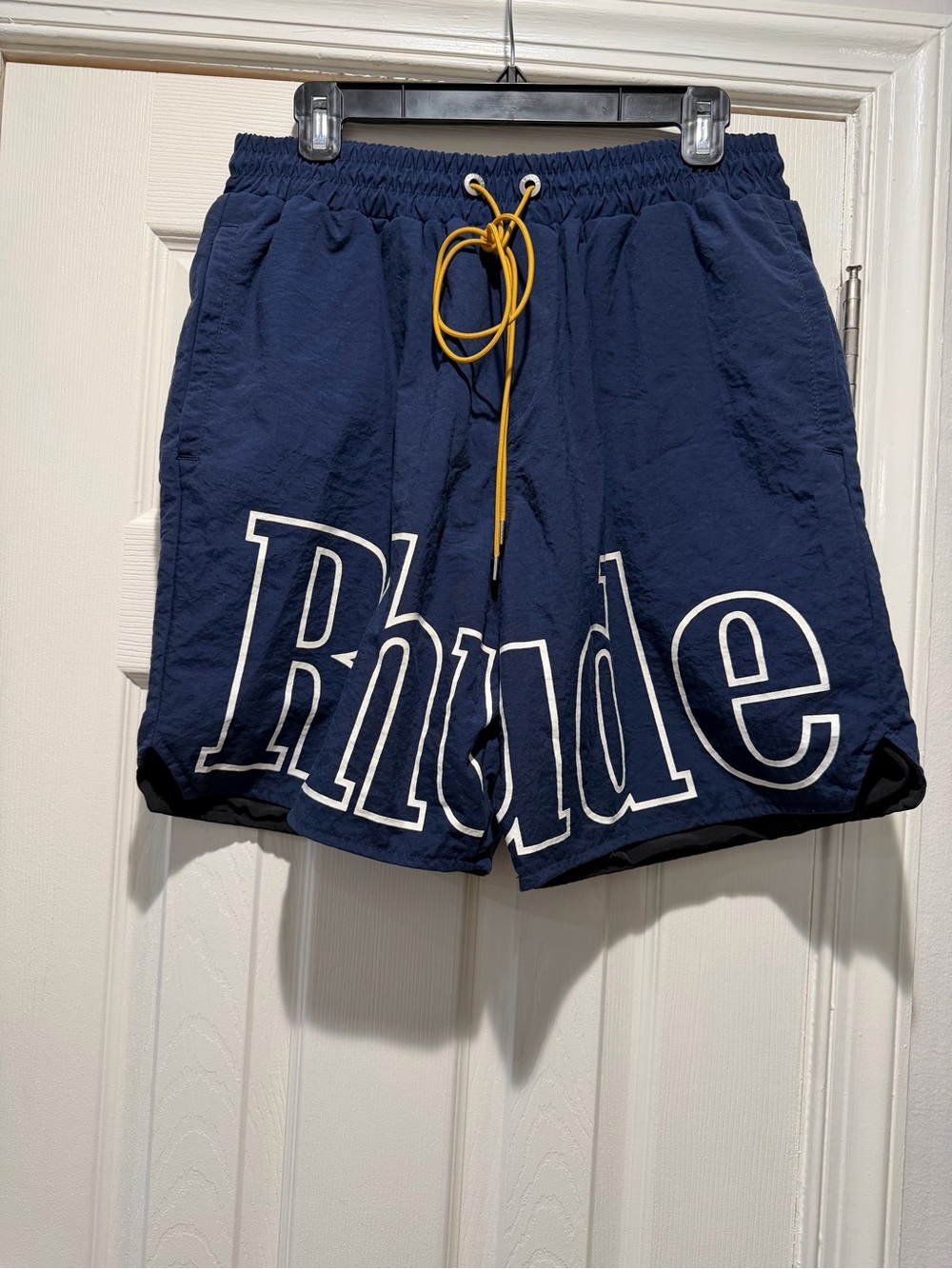 Rhude Navy Logo Athletic Shorts with Yellow Drawcord